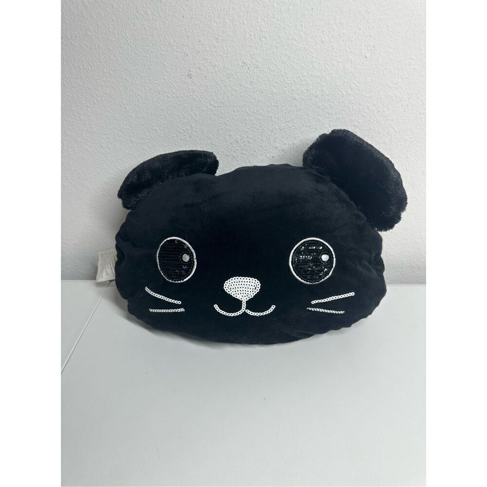 Mystic Apparel Black Cat Plush Pillow Sequins Trim 15” X 10”